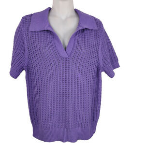 Talbots Women’s Pointelle Stitch Polo Sweater Medium Purple Open Knit Crochet